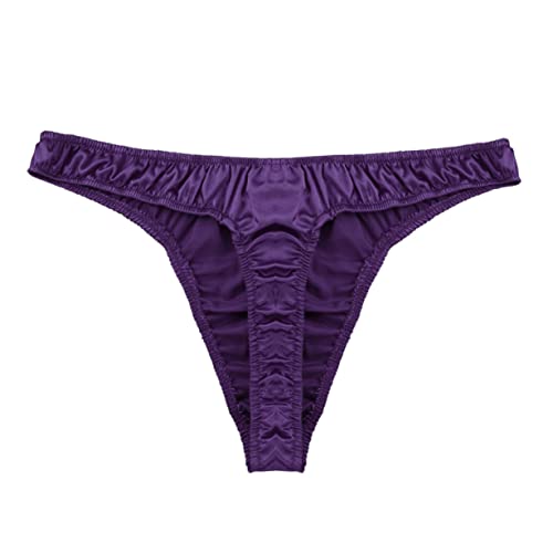 Freebily Sissy Men's Satin Thong Underwear Sexy G-String T-Back Low Rise Stretch Bikini Briefs Purple Medium #TOP6