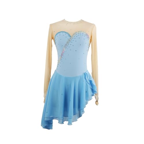 DIJITOO Vestido de patinação artística, fantasia de competição com bainha inclinada de strass brilha