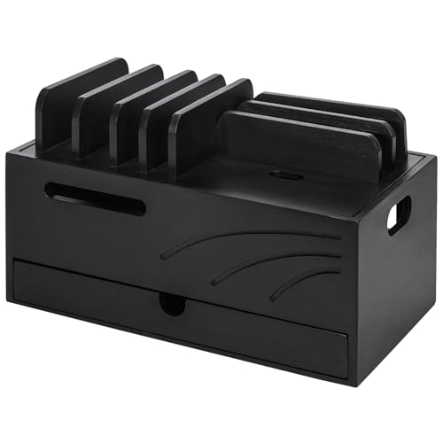 Homde Natural Bamboo Charging Station Rack for Multiple Devices Cable Cord Management Box Organizer Holder with 6 Slots Drawer for Chargers Phones Tablets Watches Electronics (Black)