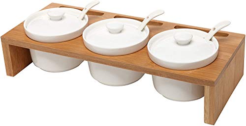 Ceramic Condiment Jar Spice Container with Lids Bamboo Cap Holder Spot,Ceramic Serving Spoon, Wooden Tray, Kitchen,Counter forTea/Coffee/Cream/Spice/Salt/with Set of 3 Bowl + 3 Spoon