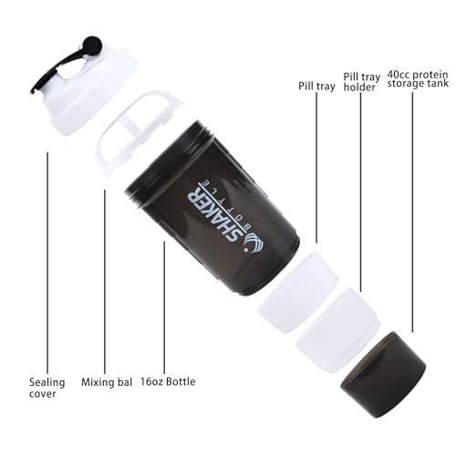 Image of Shaker Bottle,16oz Protein Shaker Bottles with Mixing Ball, 3 in 1 Leak-proof GYM Shake Cup with Powder Storage & Pill Tray, Ideal for Workout,BPA Free (White)