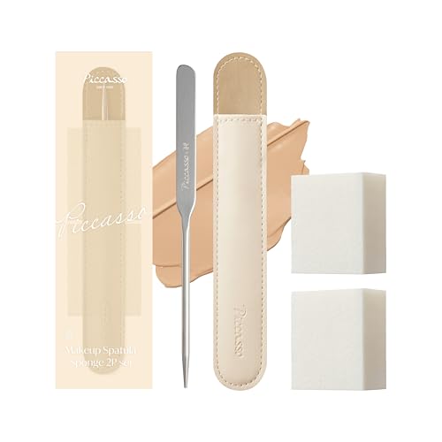 Piccasso Professional Makeup Spatula Sponge 2 Set - Stainless Steel Foundation Spatula for Thin & Seamless Base - K-Beauty Korean Tool for Flawless Finish - Includes Leather Case