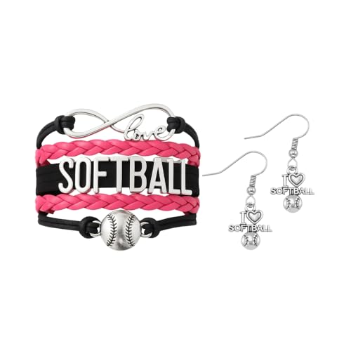 Image of Sportybella Softball Bracelet and Earrings Set - Adjustable Braided Wristband Sports Charm Jewelry, Cute Team Accessories Gift for Players, Teammates, Parties, and Season Memories