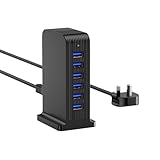 Qurzou 25W USB Charger, Multiport Mains Power Adaptor, USB Charging Station for iPhone, AirPods, iPad, Samsung Galaxy and More - Black (6 Ports)