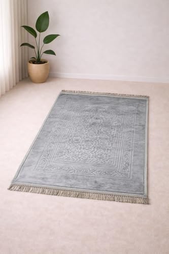 Image of Janamaz Prayer Mat Turkey Soft Velvet | Namaz Mat, Janimaz Namaz Aasan, Islamic Prayer Rug for Salah | 70x110 CM (Printed Grey1)