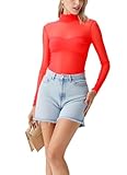  Miss Rouge T-Shirt,Top en Voile,Resille Transparente,col Roule (Rouge)
