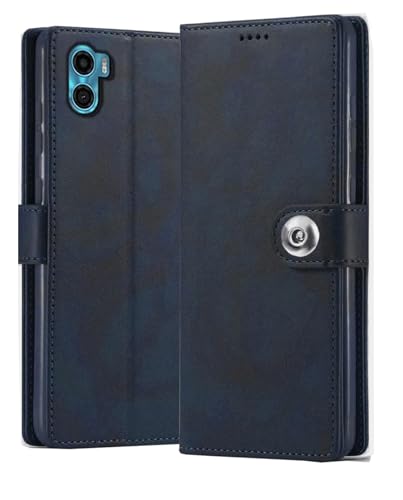 Image of BINTAGE Genuine Leather Finish Flip Cover for Motorola Moto E32 | Inside Back TPU Wallet Button Magnetic Closure for Motorola E32 - Navy Blue