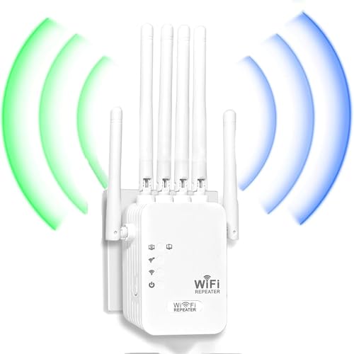 Repetidor WiFi,Amplificador señal WiFi, 6 Antenas, 2 Puertos LAN, repetidor de WiFi/Extensor WiFi, Cobertura de hasta 1200 Metros Cuadrados，Adecuado para oficinas y hogares, fácil de Instalar