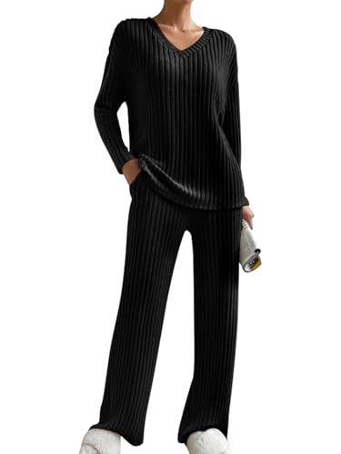 Pyjama côtelé femme XXL noir anti-compression avec pantalon large confortable