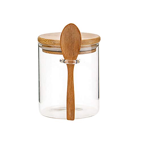 MOLADRI 420ML15Oz Clear Glass Storage Canister with Wooden Spoon Airtight Lid Sealed Small Glass Container Jar with Scoop for Bath Salt Holder Sugar Spice Coffee Matcha Tea Condiment Pepper