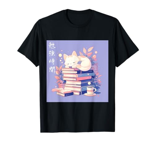 Study Time Lindo Gato Durmiendo En Libros Kawaii Lofi Estética Camiseta