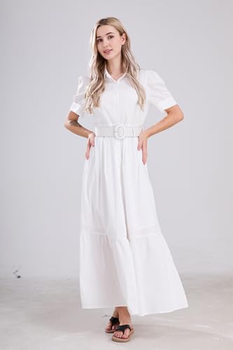 Image of utcoco Womens Striped Button Down Shirt Dress Casual Puff Short Sleeve Ruffle Hem Maxi Dresses with Belt