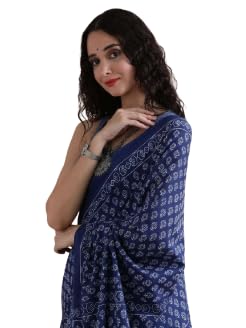 Jaipuri Hand Block Indigo Ajrakh Printed Pure Cotton Mulmul Saree With Matching Blouse Piece-image-34