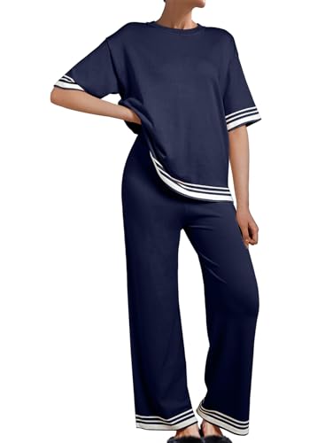 SHEWIN Lounge Sets For Women Casual 2 Piece Sweater Sets Crew Neck Short Sleeve Sweater Matching Wide Leg Pants Spring 2025 Womens Fashion Dirty Blue Small