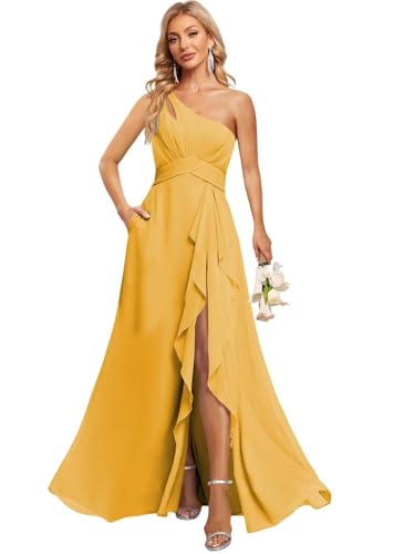Women's One Shoulder Bridesmaid Dress with Pockets Long Chiffon Prom Dress with Split A Line Evening Gown S45