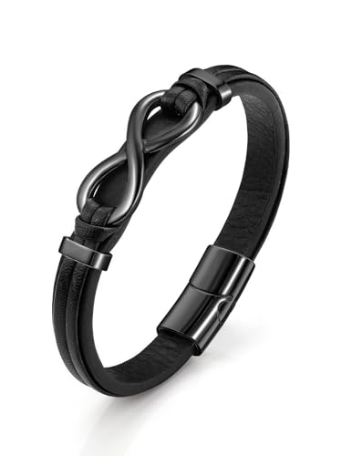 PiercingJak Bracelet Gourmette en Cuir pour Homme - Bracelet Acier Inoxydable avec Symbole Infini - Boucle Magnétique - Cadeau pour Homme d'Anniversaire de Noël (Noir)