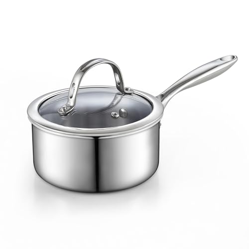 Cooks Standard Multi-Ply Clad Stainless Steel Saucepan, 1.5 Quarts Sauce Pan with Glass Lid, Small Kitchen Induction Pot, Dishwasher & Oven Safe, Compatible with All Cooktops
