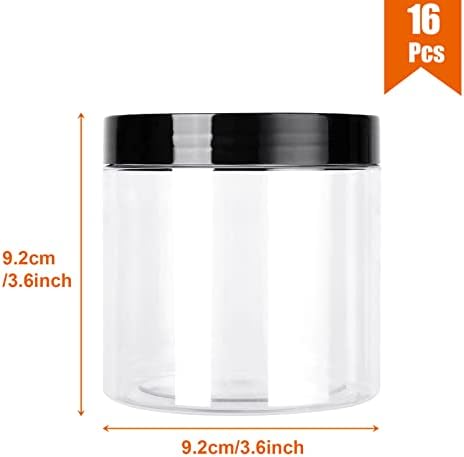 LOLYSIC 16PCS Plastic Jars with Lids, 500ML Clear Round Plastic Storage Jars with Screw Lid, Black Lid Plastic Storage Jars with Screw Lids Airtight Plastic Jars for Kitchen Pantry Liquid Dry Food