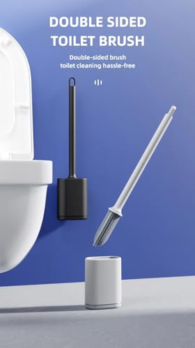 Toilet Brush and Holder Set for Bathroom,Deep Cleaning Silicone Toilet Brushes.T PR Flexible toilet bowl brush, Floor Standing & Wall Mounted without Drilling. Toilet Bowl Brush with Holder. (Black)