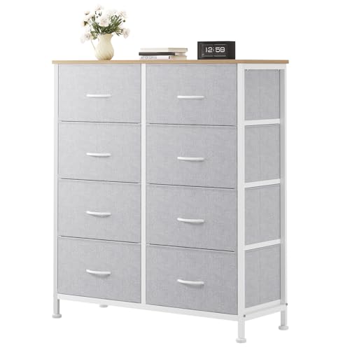 Image of OLIXIS 8 Drawer Storage Dresser for Bedroom, Closet Organizers Units | Fabric Dresser with Wooden Top, Chest of Drawers Clothes Storage, Tower Cabinet, TV Stand Furniture, Light Grey