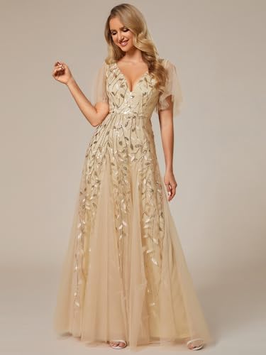 Image of Ever-Pretty Women's Sequin Formal Dresses Evening Gown Sparkly V-Neck Short Sleeve Floor Length Mother of The Bride Dress 736
