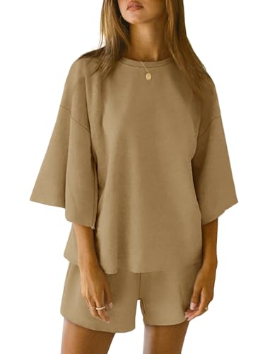 Image of Tankaneo Womens Pajama Sets 3 /4 Sleeve Oversized Tops & Loose Fit Shorts Lounge Set with Pockets Loungewear