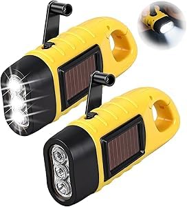 RJLLKD Lot de 2 lampes de Poche LED Solaires et Manivelle, Équipement D’urgence Portable avec Mousqueton, Lampe Dynamo Manivelle Portable pour le Camping,...