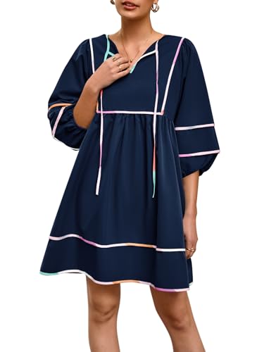Cicy Bell Womens Babydoll Mini Dresses 3/4 Puff Sleeve V Neck Dress Casual Loose Fit Patchwork Pleated Swing Vacation Outfits2