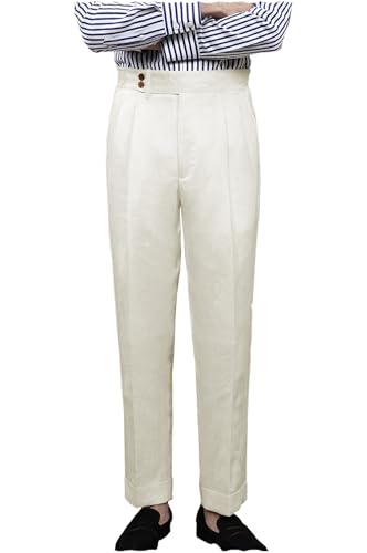 Ceehuteey Mens Linen High Waisted Pants Pleated Front Lightweight Adjustable Waist Trousers Long