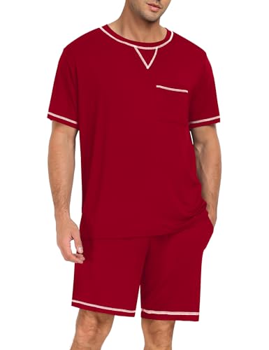 Image of SWOMOG Mens Pajamas Set Summer Sleepwear Short Sleeve Pjs Set Soft 2 Piece Lounge Set Comfy Loungewear with Pockets