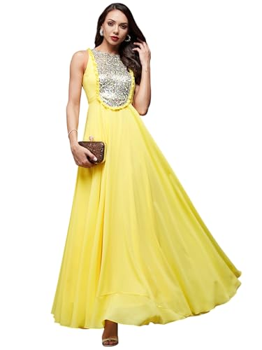 Image of Miss Chase Women's Round Neck Sleeve Embellished Fit Flare Maxi Dress