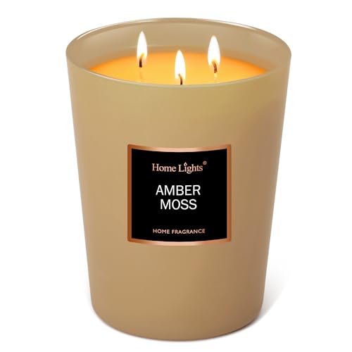 HomeLights Scented Candles, 33.3 oz Large Jar, Natural Soy Candles 3 Cotton Wicks, Smokeless Long Lasting, Aromatherapy Candle Gift for Women & Men, Amber Moss