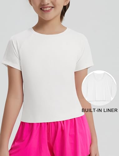 EXARUS Girls Athletic Shirts Short Sleeve Crop Tops/Split Back Quick Dry T Shirt Workout Summer Casual Kids 6-14Y3