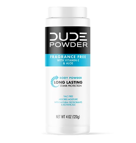 DUDE Body Powder - Fragrance Free 4 Ounce Bottle Natural Deodorizers With Chamomile & Aloe, Talc Free Formula, Corn-Starch Based Daily Post-Shower Deodorizing Powder for Men