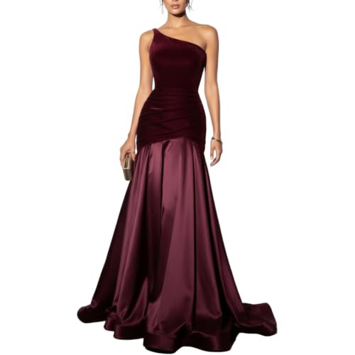 Genérico Women’s One Shoulder Velvet Maxi Dress Ruched Satin Formal Evening Gown (Burgundy,Large)