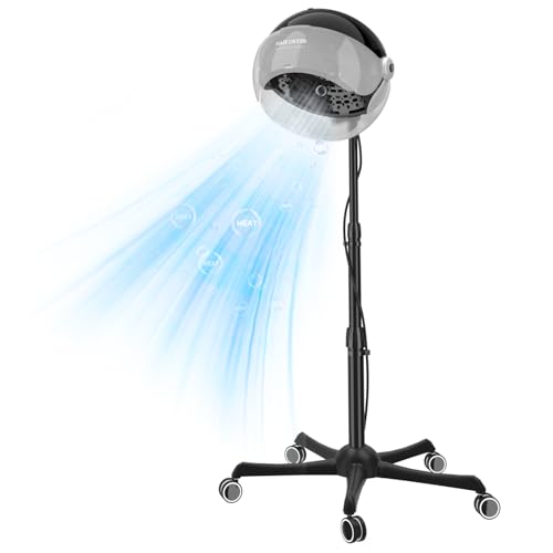 1875W Ionic Standing Hair Dryer, Professional Salon Bonnet Dryer on Wheels, Adjustable Hood & Height, 3 Heat Settings, Quick Shut-Off Rolling Hair Steamer Machine for Deep Conditioning & Styling, Gray