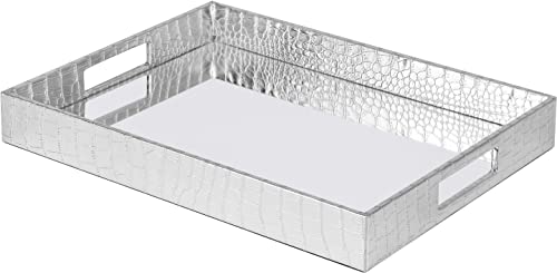 HofferRuffer Spiegel Tablett PU Leder Dekorative Kosmetik Schmucktablett Gross 41*30*5 cm Serviertablett Osmanische Tablett für Haus oder Büro, Silber Cover