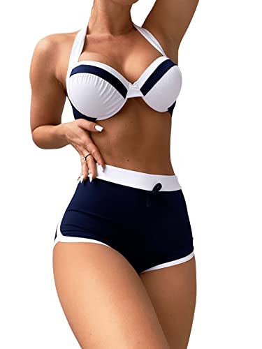 SweatyRocks Women's 2 Piece Swimsuit Color Block Halter Push Up Bikini Set Shorts Bathing Suits3