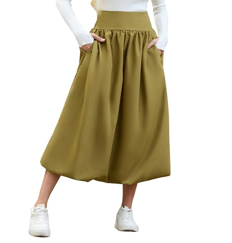 Women's Bubble Long Skirt Elastic Waist A-Line Pleated Ruffle Flowy Balloon Maxi Skirts with Pockets