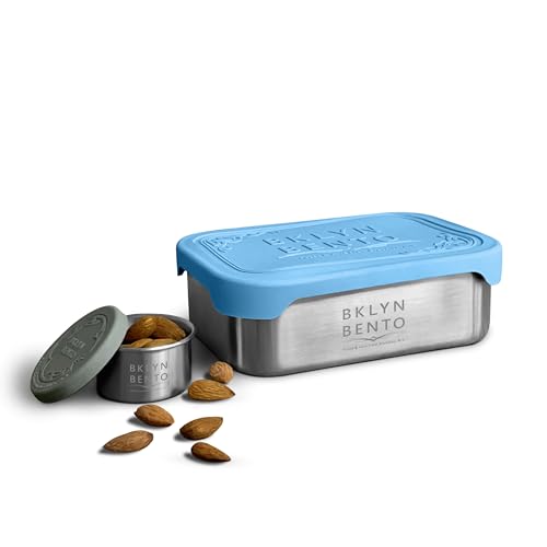 Stainless Steel Food Container & Condiment Holder | Leak Proof Silicone Lid | Metal Lunch Box | Bento Box | Portion Control Snacks Dressings [2 PCS Set/Blue]