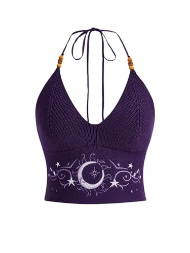 Verdusa Women's Y2k Crochet Tops Going Out Summer Outfits Boho Gothic Halter Top Festival Western Cowgirl Shirts Dark Purple Large