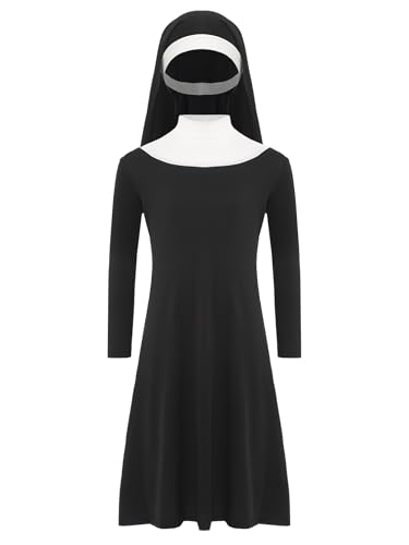 iiniim Disfraz de Sacerdote para Niñas Traje de Monja Espeluznante Vestido Negro de Manga Larga de Monja Traje de Halloween Bíblico 3-10 Años Negro 9-10 años
