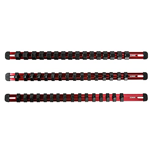 Ares 60124-3-Piece Red 17-Inch Aluminum Socket Rail Set With Locking End Caps - Includes 1/4-Inch, 3/8-Inch, And 1/2-Inch Drive Rails - Each Aluminum Rail Stores Up To 16 Sockets #TOP4