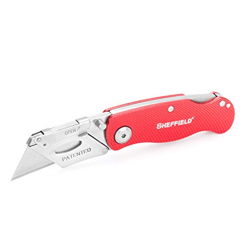 Sheffield 12614 Ultimate Lock Back Utility Knife, Folding, Box Cutter Knife, Carpet Knife, Drywall Cutter, and More, Quick-Change Blade, Back Lock Design, Red