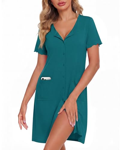 Image of ZOOSIXX Nightgowns for Women - Short Sleeve Sleepwear Button Up Pajamas for Women V-Neck Sleepwear Dress with Pockets