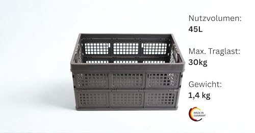 DieKlappbox - Stabile Einkaufsbox klappbar, Klappbox 45L, 60% Recycling-Plastik, Made in Germany, TÜV, verstärkter Boden, 52,5x34,5x28 cm, Dunkelgrau