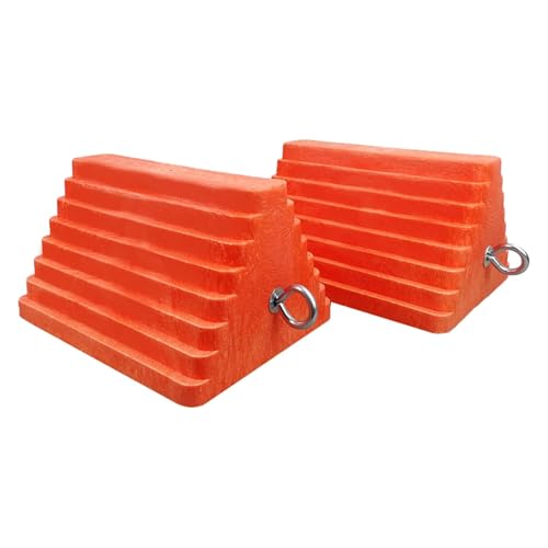 Image of HOXWELL 2 Packs Wheel Chocks Heavy Duty Orange with Eyebolt, Vehicle Chock for Travel Trailers, Camper, Truck, Car and ATV, 9.1 inch Length x 7.1 inch Width x 5.5 inch Height