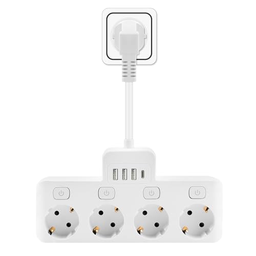 Aischens 8 en 1 Regleta Enchufe con 4 Tomas con Interruptor Individual & 4 Puertos de USB(1 USB-C y 3 USB-A), Adaptador Enchufe Múltiple con Carga Rápida para Oficina Hogar Cocina, Cable Corto de 5cm