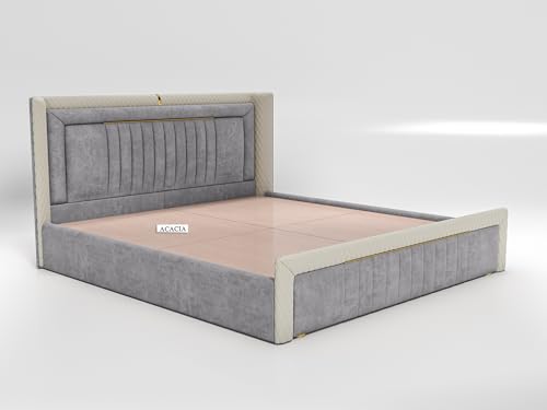 Image of Acacia Modern Upholstered King Size Bed with Box Storage for Bedroom | Wooden Double Bed with Storage | Platform Cot Bed with Upholstery Premium Fabric | 6.5 x 6 Ft | Sheesham Wood | Battleship Gray