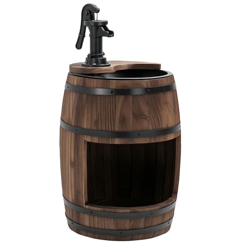 Outsunny Gartenbrunnen Zierbrunnen Springbrunnen Fassbrunnen Wasserfall Holzfass mit Pflanzgefäß Tannenholz Dunkelbraun Ø27 x 59 cm